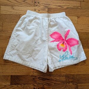 Vintage Hawaii White Shorts with Neon Pink Orchid Design